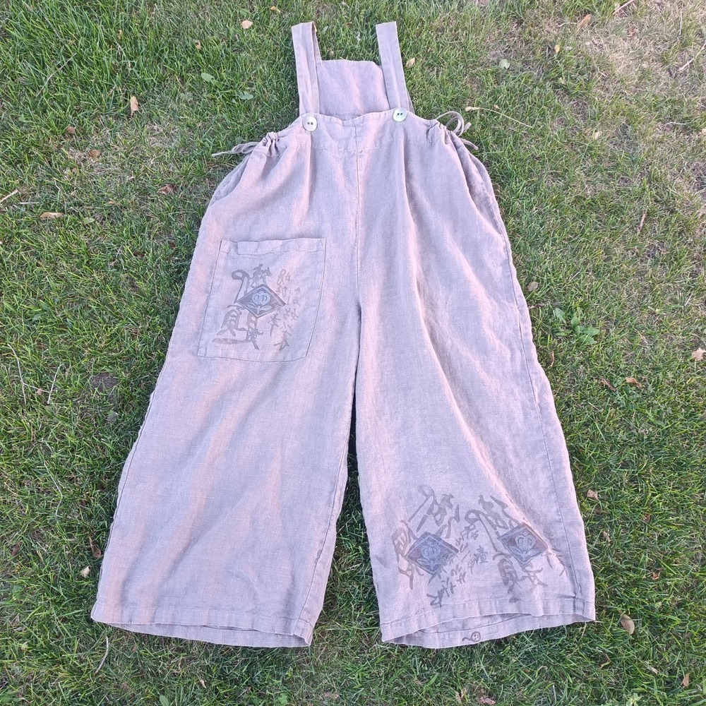 Blue Fish Clothing Hemp Overalls Size 2X Gray Purple Hand Printed Wide Leg USA